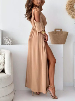 Slit Cold Shoulder Maxi Dress in Deep Red with tied