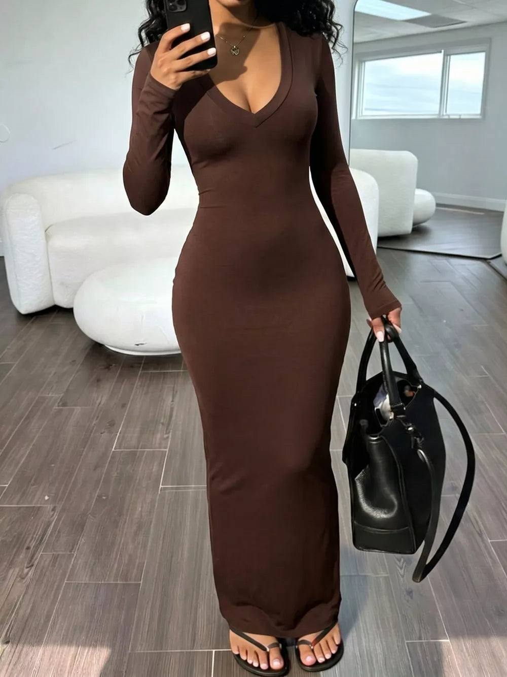 92% polyester, 8% elastane Care instructions: Machine wash cold maxi dress in Brown with bodycon silhouette