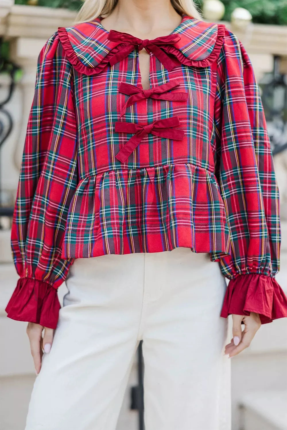 Plaid Tie Neck Ruffle Cuffs Blouse