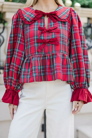 Plaid Tie Neck Ruffle Cuffs Blouse