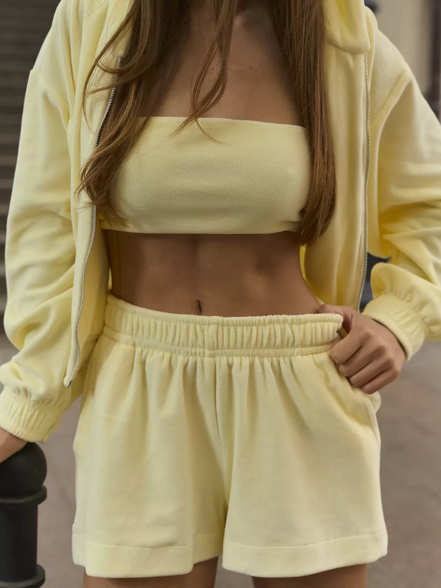 Zip Up Cropped Hoodie And Shorts Set in Yellow