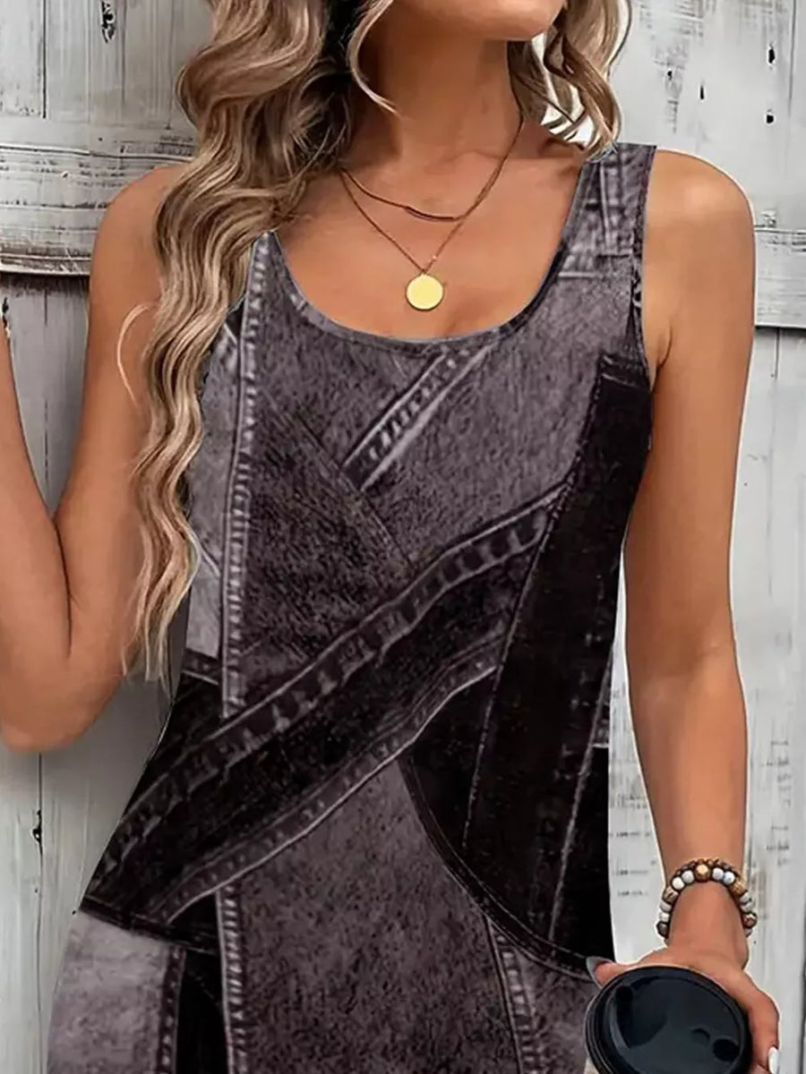 Dusty Blue with Patchwork Denim Sleeveless Mini Dress