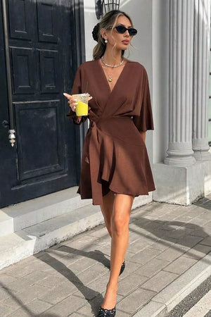Burgundy with Surplice Half Sleeve Mini Dress in Burgundy