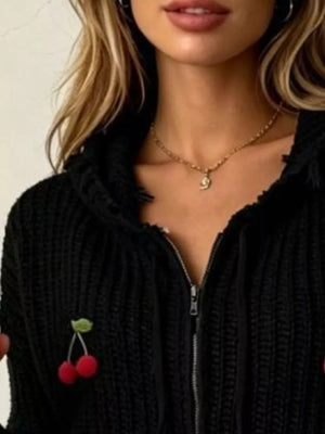Dark Blue Cherry Knit Zip-up Hooded Sweater
