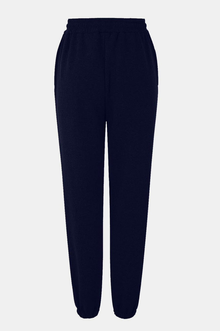 Navy sweatpants with gathered cuffs and elastic waistband.