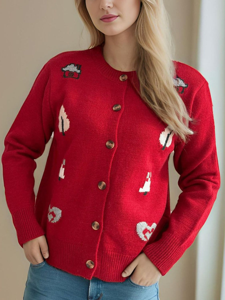 Deep Red embroidered cardigan with storybook motifs, button-up front, crew neck, long sleeves.