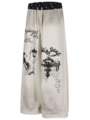 black wide-leg pants featuring drawstring waist and baroque print | script print | star print