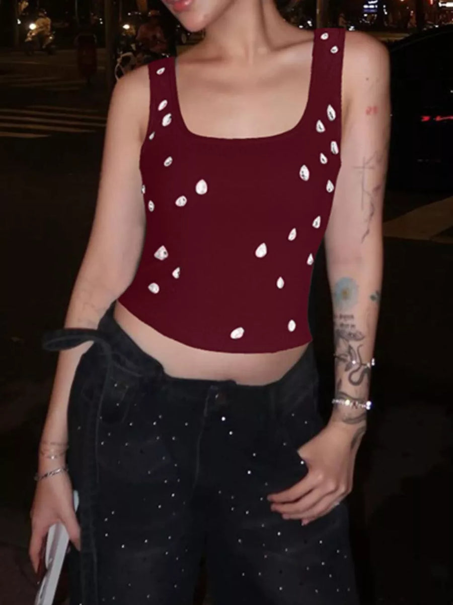 Burgundy cropped tank top with scattered white rhinestones and square neckline.