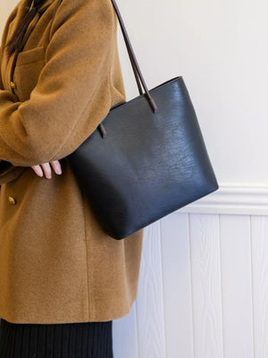Black PU leather shoulder tote bag with thin straps
