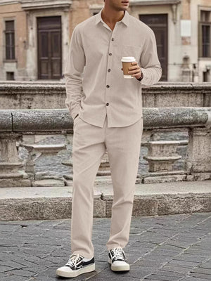 Black Men's Full Size Button Up Long Sleeve Shirt And Pants Set
