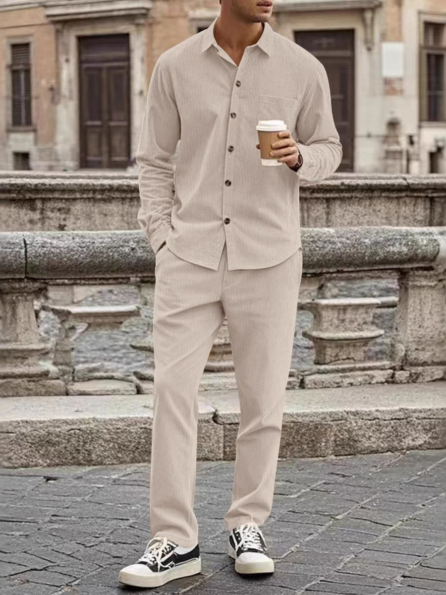 Black Men's Full Size Button Up Long Sleeve Shirt And Pants Set