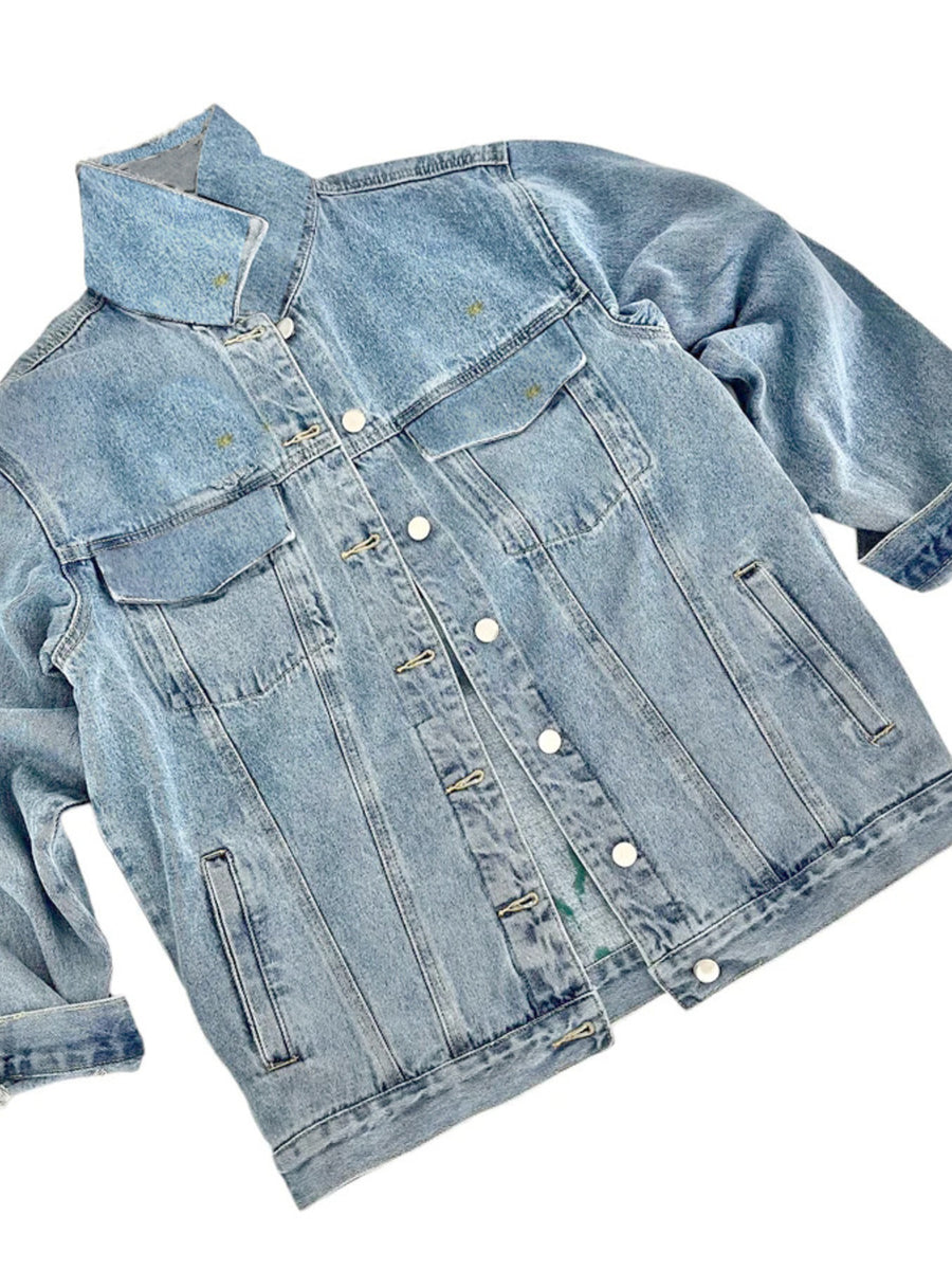 Light Blue denim jacket with hip-length and button-front