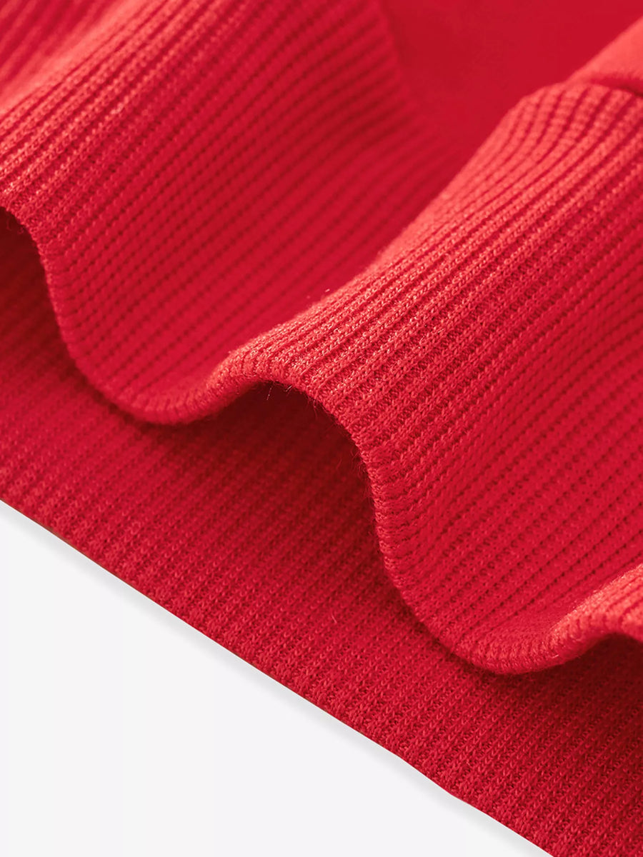 Red crew neck baby sweatshirt with ribbed cuffs and hem detail.