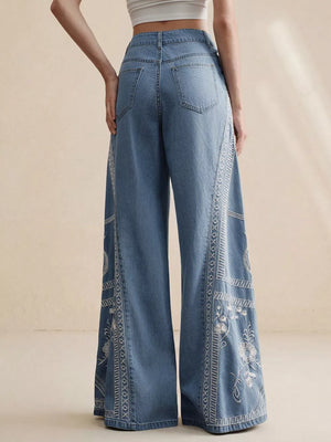 light blue denim wide-leg jeans with drawstring waist and N/A