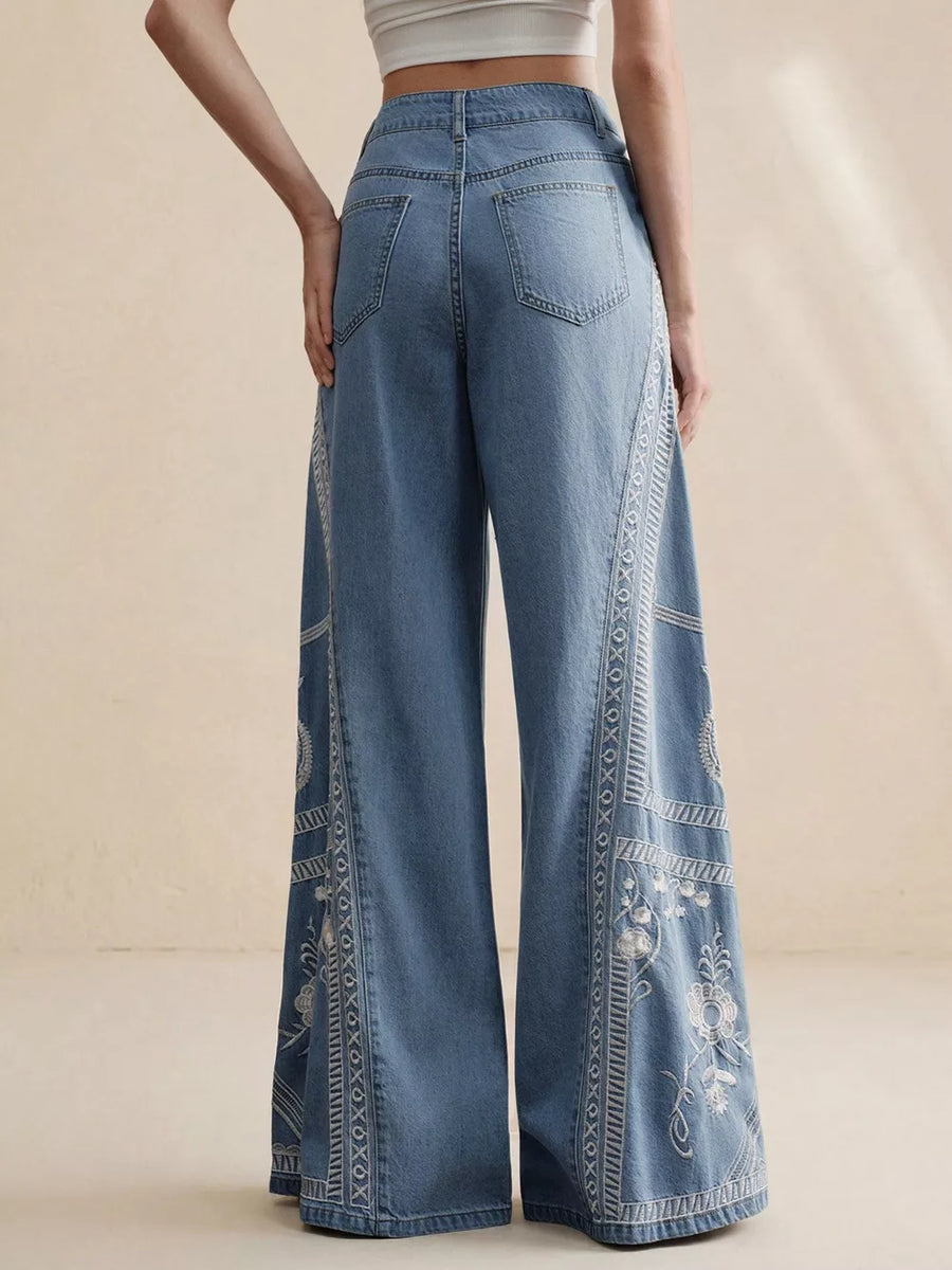 light blue denim wide-leg jeans with drawstring waist and N/A