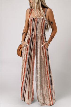 Striped square neck wide-leg romper with pockets and adjustable straps.