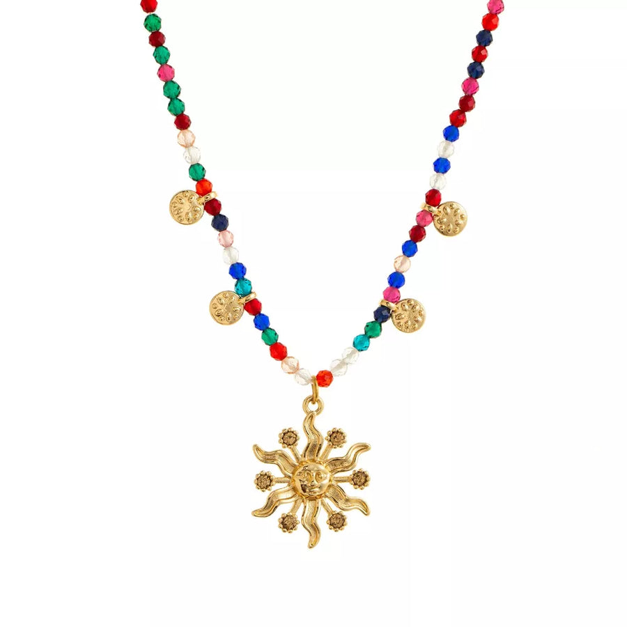 14k Gold-plated Bead Sun Pendant Necklace in sage green with beaded
