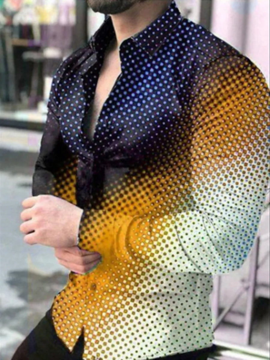 Cosmic print stretch button-down shirt in gradient blue to yellow, cotton blend, casual overshirt style.