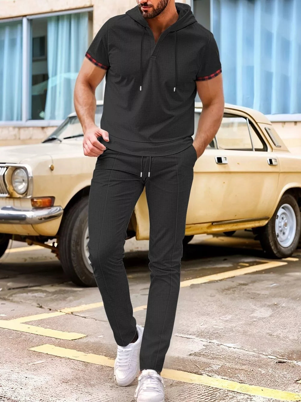Khaki Men's Casual Short-sleeve Hoodie And Pants Set