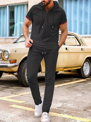 Khaki Men's Casual Short-sleeve Hoodie And Pants Set