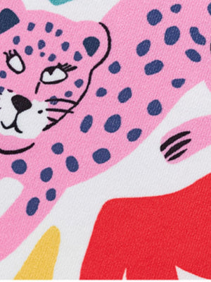 Toddler tee and shorts set with pink cartoon leopard print and colorful abstract shapes.