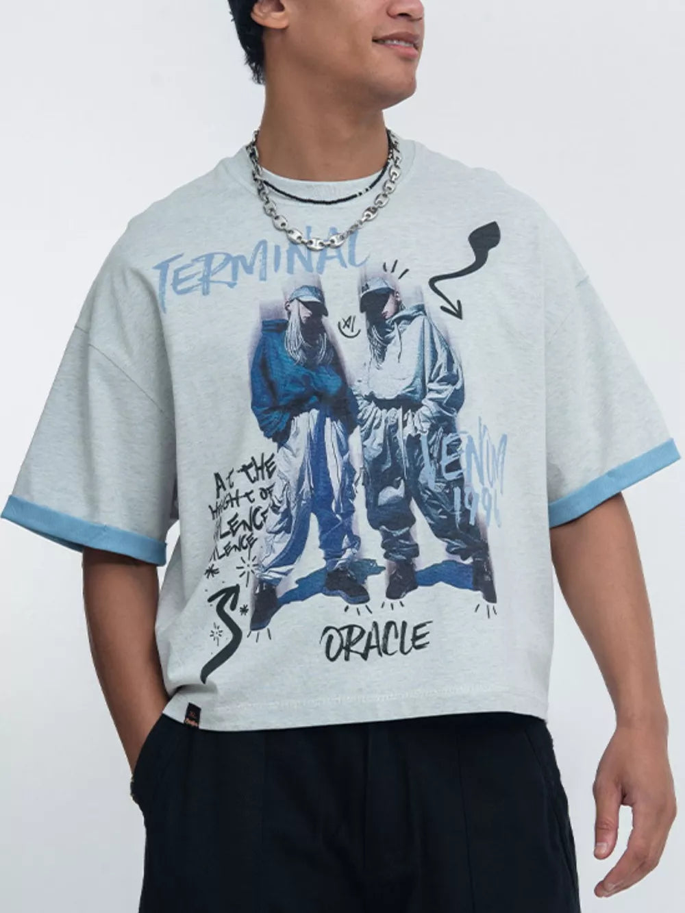 heather gray t-shirt with graphic print and crew neck