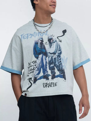 heather gray t-shirt with graphic print and crew neck
