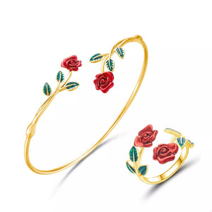 Jewelry Set featuring floral in red with 18K Rose Gold-Plated, 18K Gold-Plated, Alloy, Copper Care instructions: Avoid we