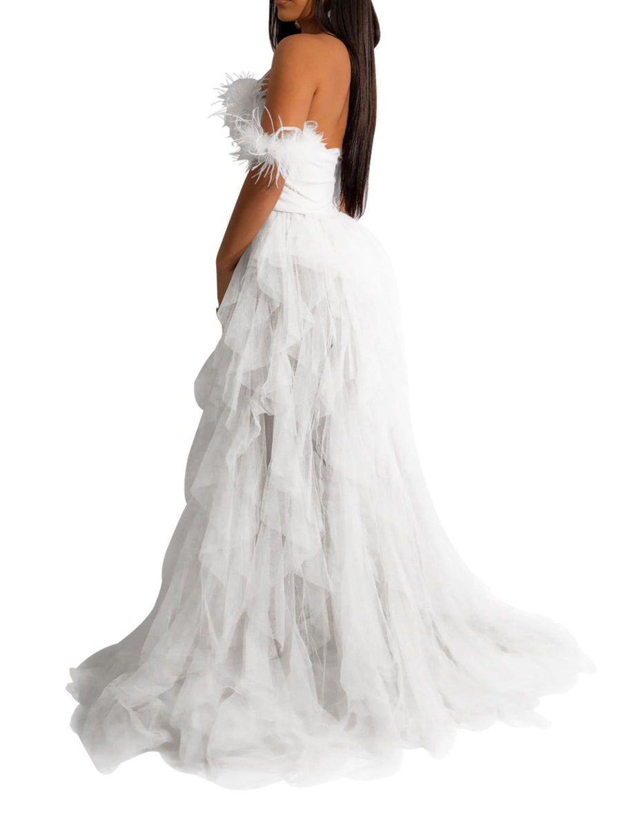 formal gown in Blush Pink with frill and floor-length