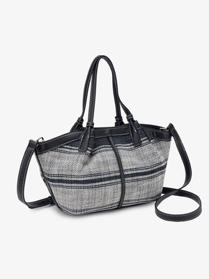 crossbody bag in gray with striped and leather trim