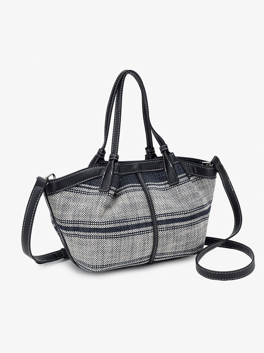 crossbody bag in gray with striped and leather trim