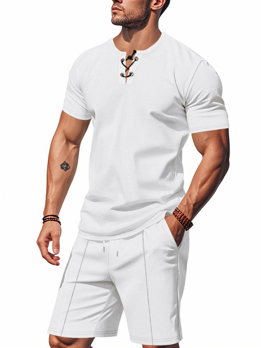 White lace-up V-neck t-shirt and drawstring shorts set for men