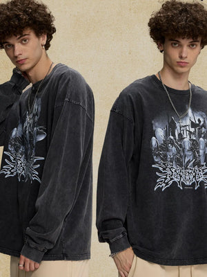 Washed black oversized long sleeve t-shirt with a bold graphic print on the front.