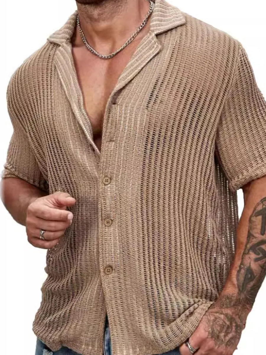 Open-knit resort shirt in mocha with camp collar and short sleeves.