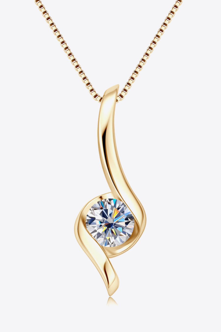 Gold moissanite pendant necklace with swirling design and box chain.