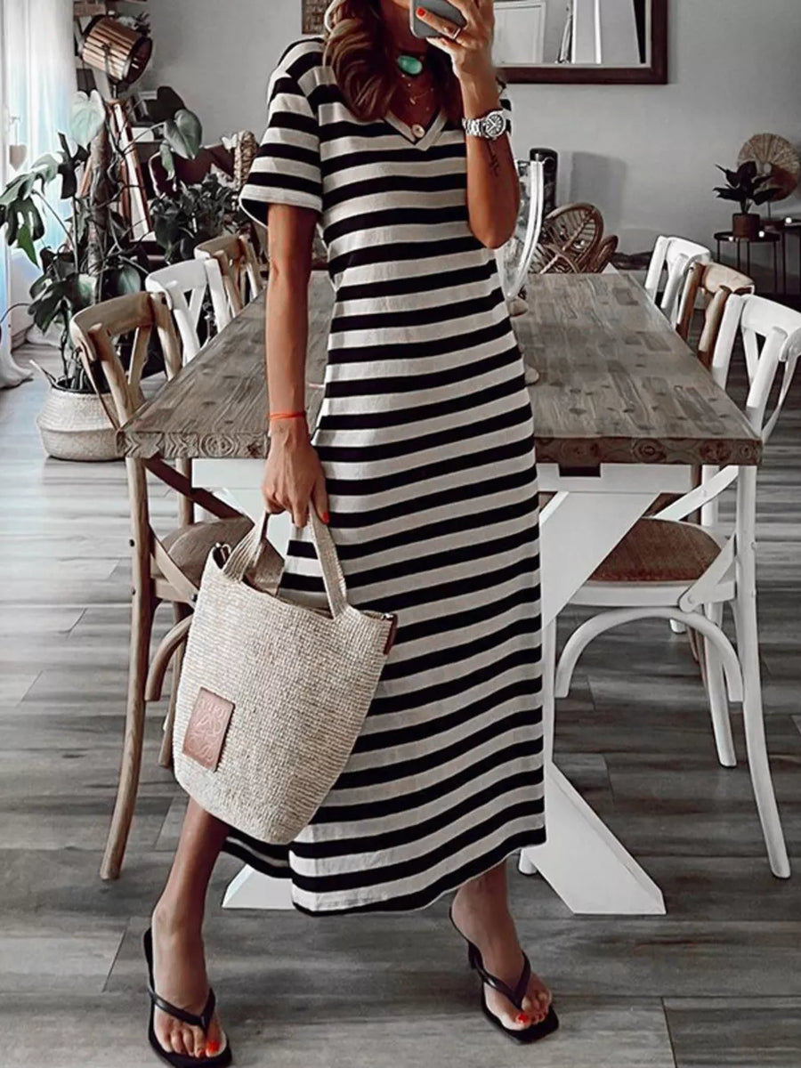Grey Full Size Striped V-neck Midi Dress With Side