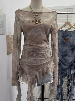 Taupe asymmetrical ruffle hem t-shirt with star detail and ruched sides.