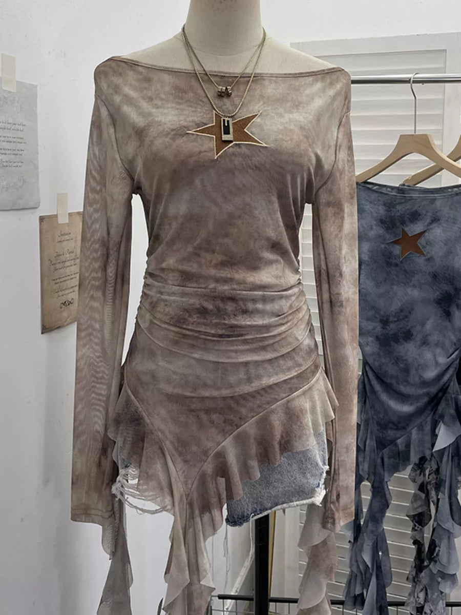 Taupe asymmetrical ruffle hem t-shirt with star detail and ruched sides.