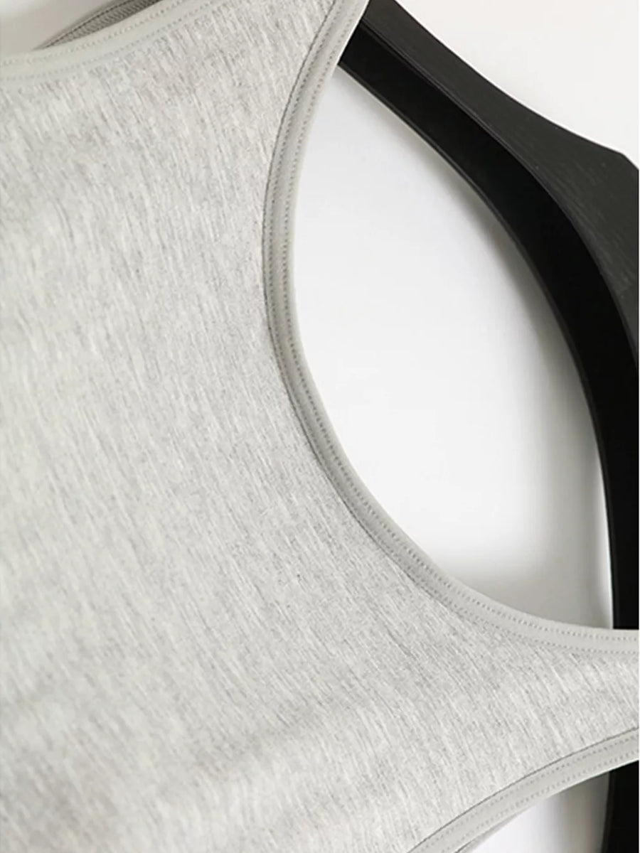 Heather gray modal tank top with bound neckline and armholes.