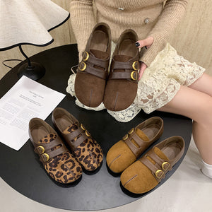 Split Toe Double Buckle Slip-Ons in chocolate brown with split toe