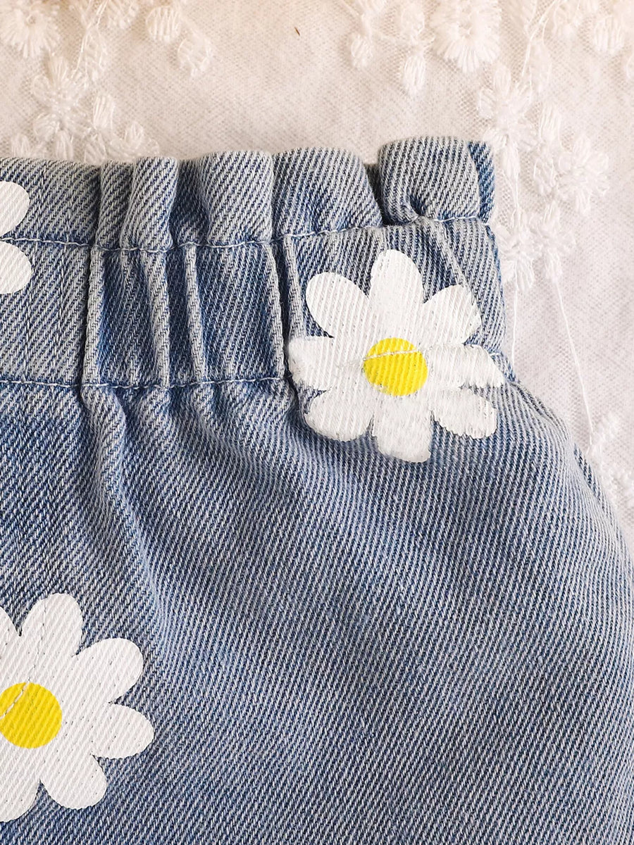 Yellow with Children's Daisy Print Cami And Denim Shorts Set