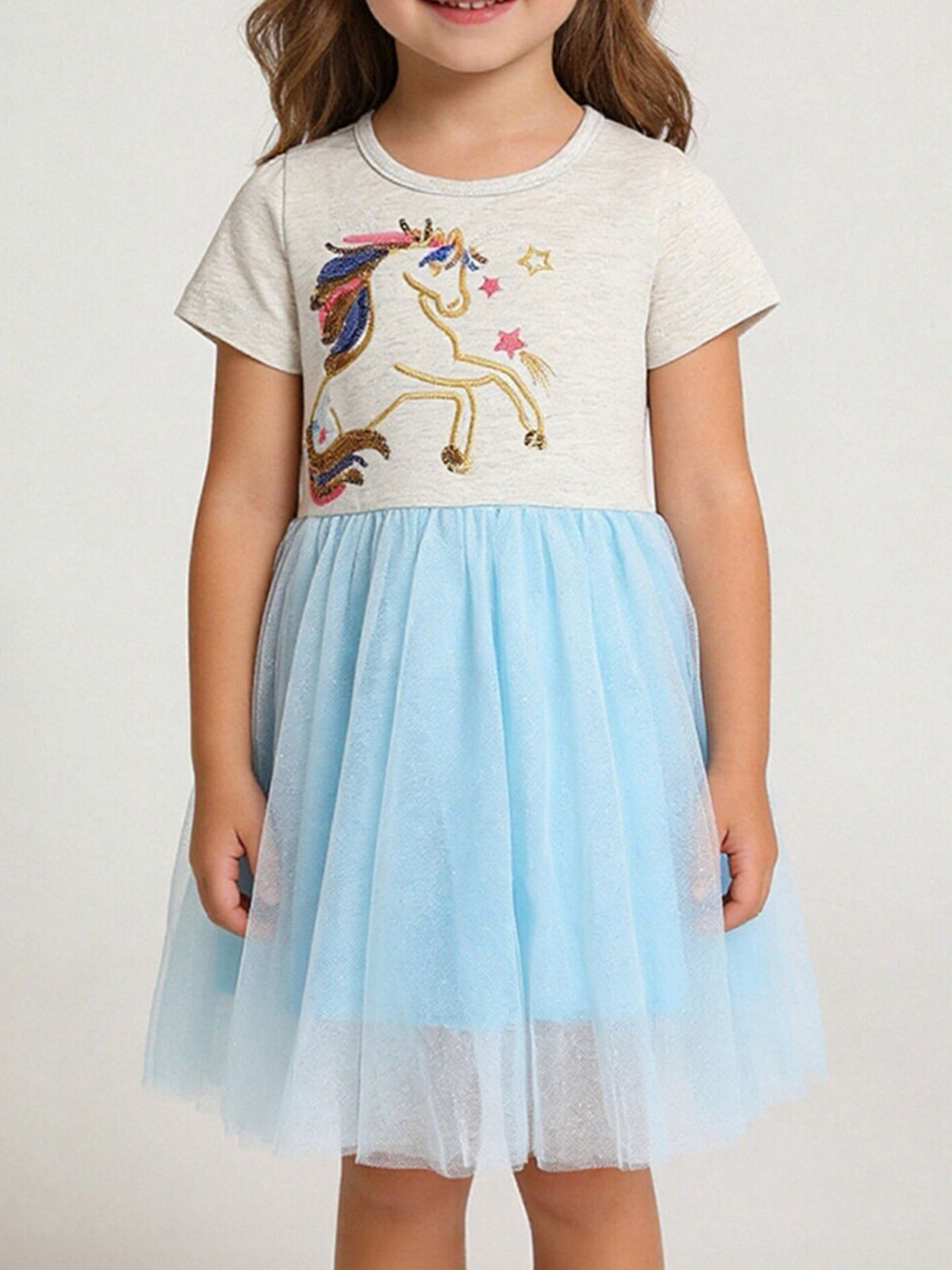Toddler blue tulle dress with unicorn embroidery on light grey top