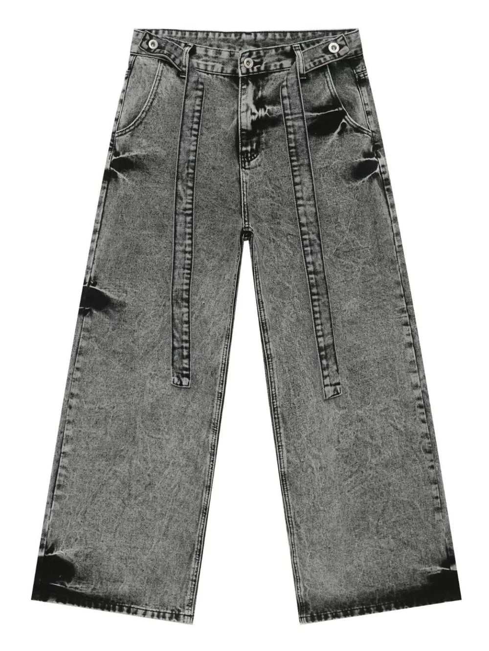 Dark gray acid wash denim jeans with exaggerated wide legs and a tie detail.