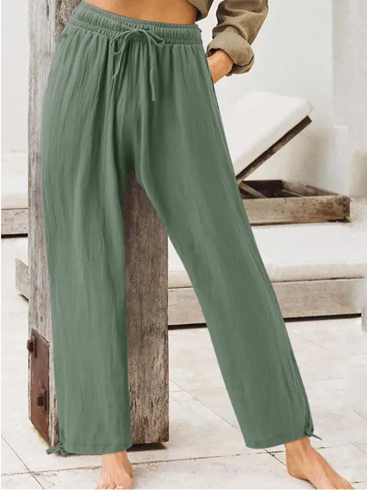 Full Size Casual Drawstring Wide-leg Pants in Khaki