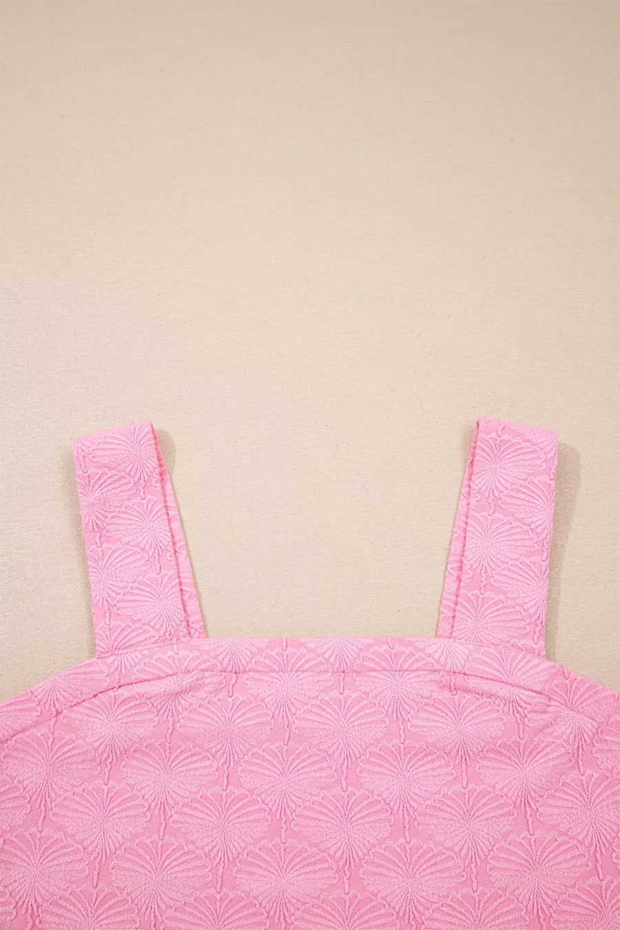 Pink textured square neck tank top with wide straps.