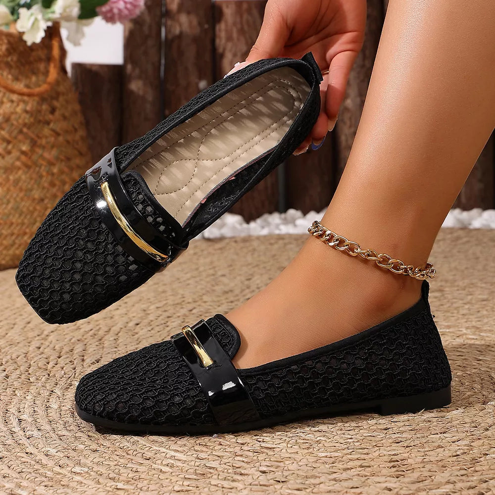 black loafers featuring square toe and mesh
