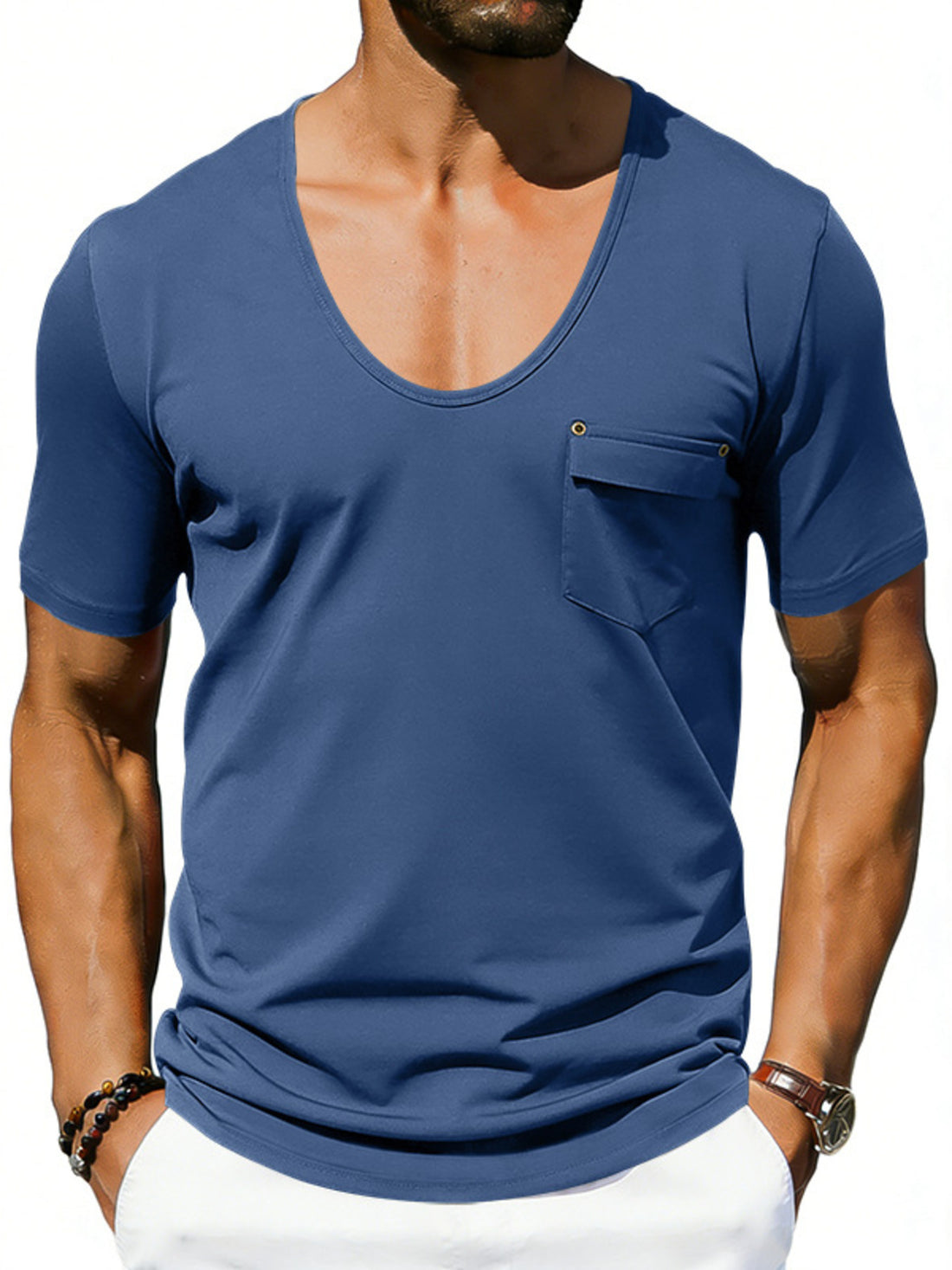 Blue cotton blend tee with scoop neck, short sleeves, and chest pocket detail.