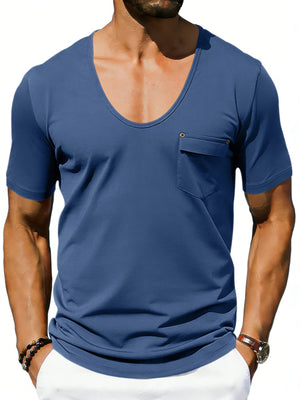 Blue cotton blend tee with scoop neck, short sleeves, and chest pocket detail.