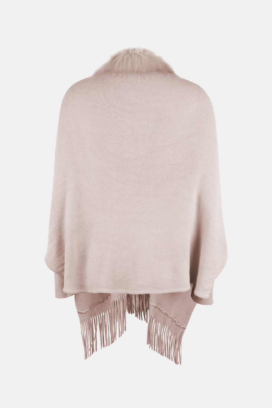 Blush pink faux fur trimmed fringe cape with a knit texture.