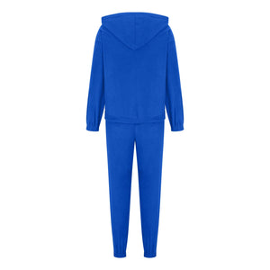 Royal blue fleece hoodie and jogger set with drawstring hood and elastic cuffs.